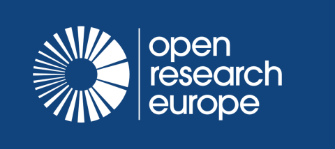 White circular logo on blue background with text open research europe